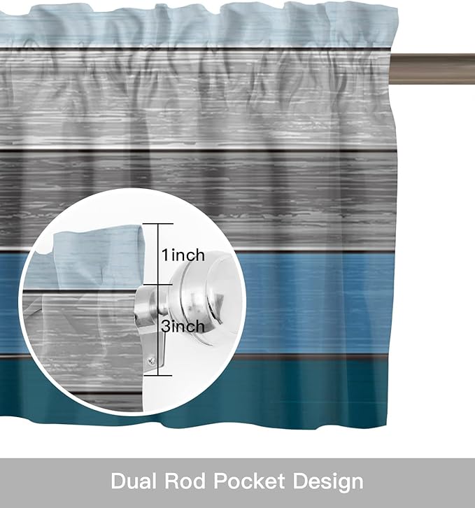Farmhouse Kitchen Curtains Valances for Windows ,Blue Gray Ocean Hues Rod Pocket Country Window Treatment for Kitchen /Living Room/Bedroom/ Bathroom,42" X 18" -1 Panel, Retro Rustic Barn Wood Texture