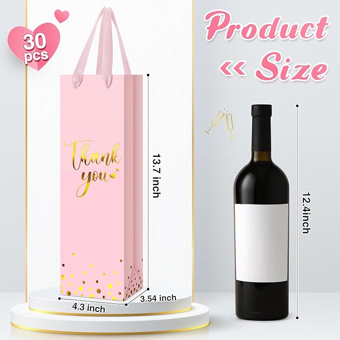 Ctosree 30 Pcs Wine Gift Bag for Wine Bottle Wedding Wine Thank You Gift Bag with Metallic Gold Foil Print Kraft Wine Paper Favor Bag with Attractive Rope Handle for Graduation Bottle(Pink)