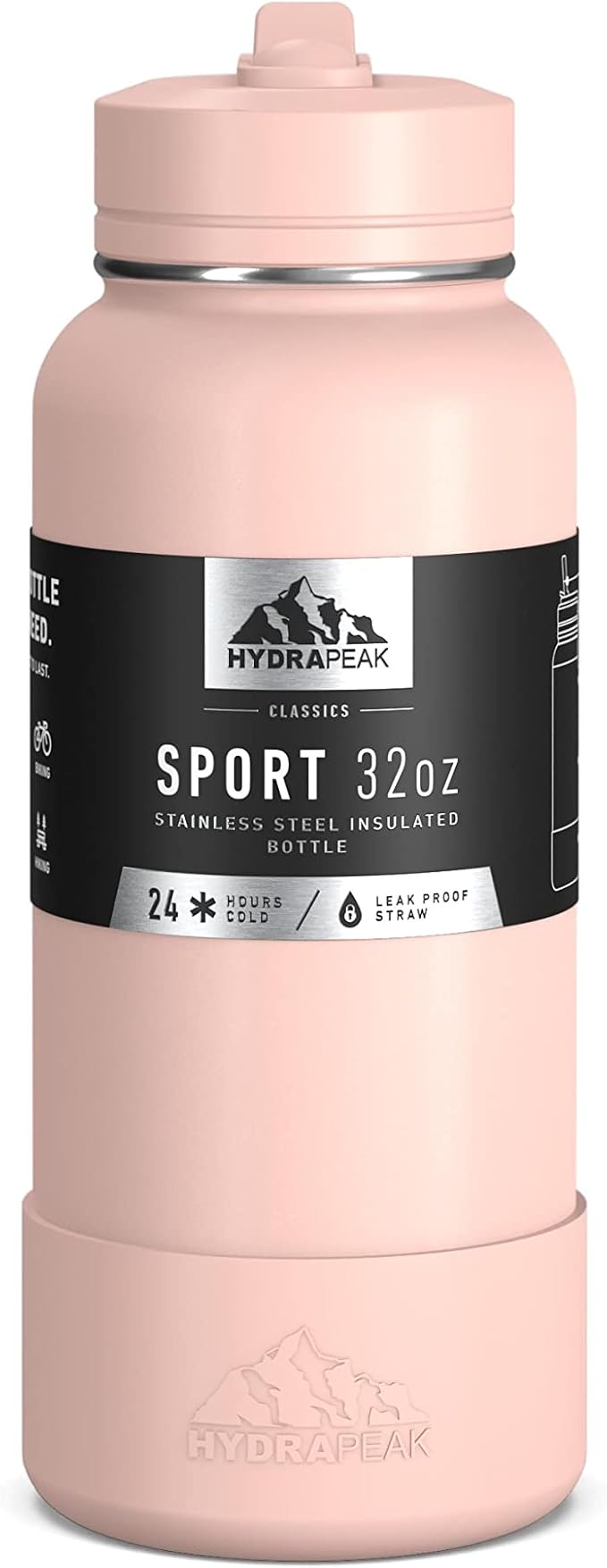 Hydrapeak 32oz Sport Insulated Water Bottle with Straw or Chug Lid, Leak & Spill Proof, Keeps Drinks Cold for 24 Hours, Hot for 12 Hours, Premium Stainless Steel Water Bottles (32oz, Peony)