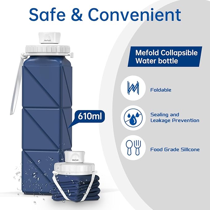 Collapsible Water Bottles, 2 Pack Leakproof BPA-Free Silicone Foldable Portable Water Bottle 610ml,Lightweight 21oz Reusable Wide Mouth Water bottle for Travel Cycling Gym Camping Sports