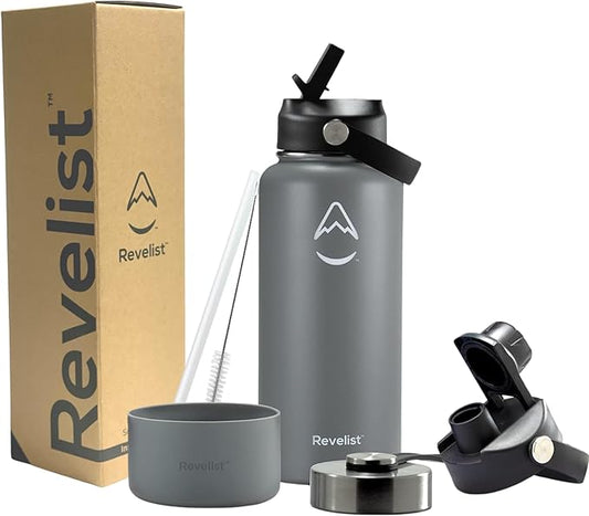 Revelist Sports Water Bottle - 32 Oz, 3 Lids (Straw Lid, Spout & Screw Top) with Boot, Vacuum Insulated Stainless Steel, Double Walled, Reusable Water Flask, Metal Canteen - Slate Grey