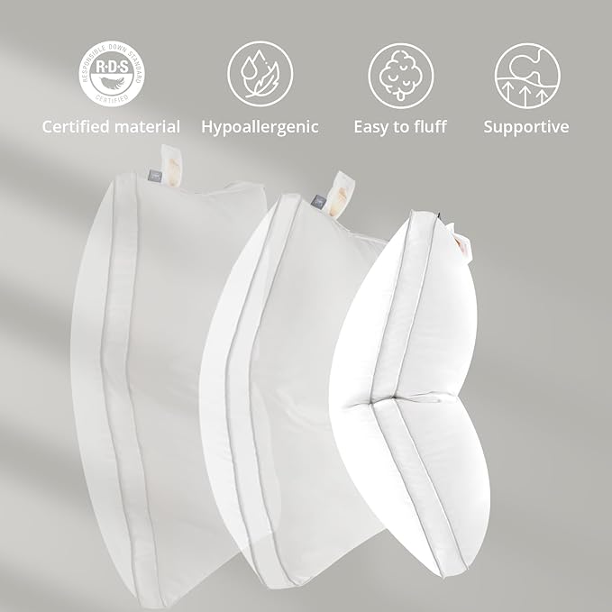 Globon Luxury Feather Down Pillow Standard Queen Size,Soft Low Gusseted Bed Pillows for Sleeping, Hotel Collection Fluffy Pillow, 18"X26", Pack of 1