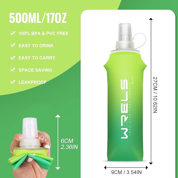Collapsible TPU Soft Flask,Reusable Handheld Soft Water Bottle for Hydration Pack,BPA Free Gradient Folding Water Flask for Running Cycling Climbing (Mix Green-500ml *2)