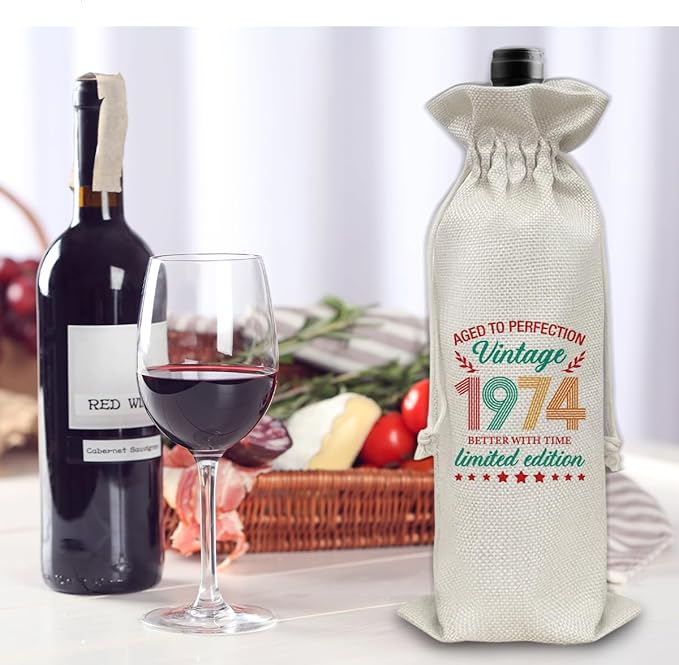 50th Birthday Gifts Wine Bag Congratulations Gifts for Women Men Parents Mom Dad Anniversary Favors 1974 with Time Information Wine Gift Bag