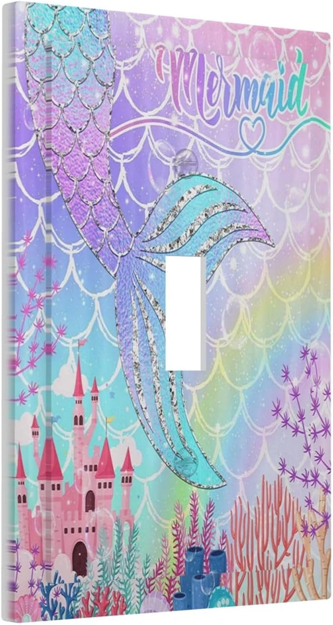 Silvery Glitter Cute Mermaid Tail Fantasy Castle 1 Gang Light Switch Covers Single Toggle Wall Plate Decorative Switchcover Electrical Switchplate for Kidroom Nursery Bedroom Kitchen Decor