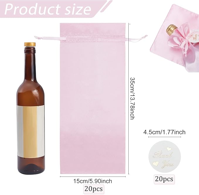PLIGREAT 20 Pcs Satin Wine Bags Pink Wine Gift Bags with Drawstrings and Tags, Wine Bottle Bags Reusable Covers for Wedding, Birthday, Dinner Party, Christmas Congrats Gift Bags, Wine Wrapping Bags