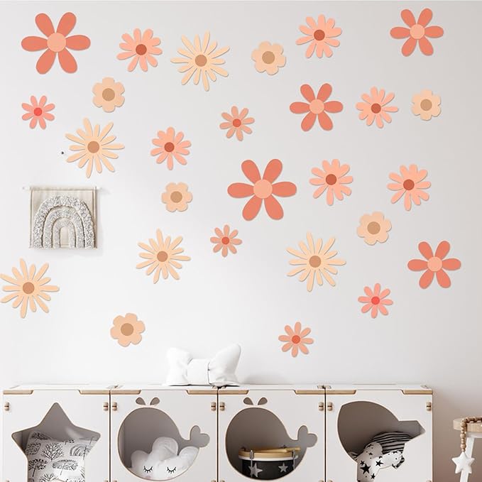 Daisy Wall Decals Flower Wall Stickers, Big Daisy Stickers Floral Decor Peel and Stick for Girls Kids Bedroom Nursery Playroom Living Room (Warm Color)