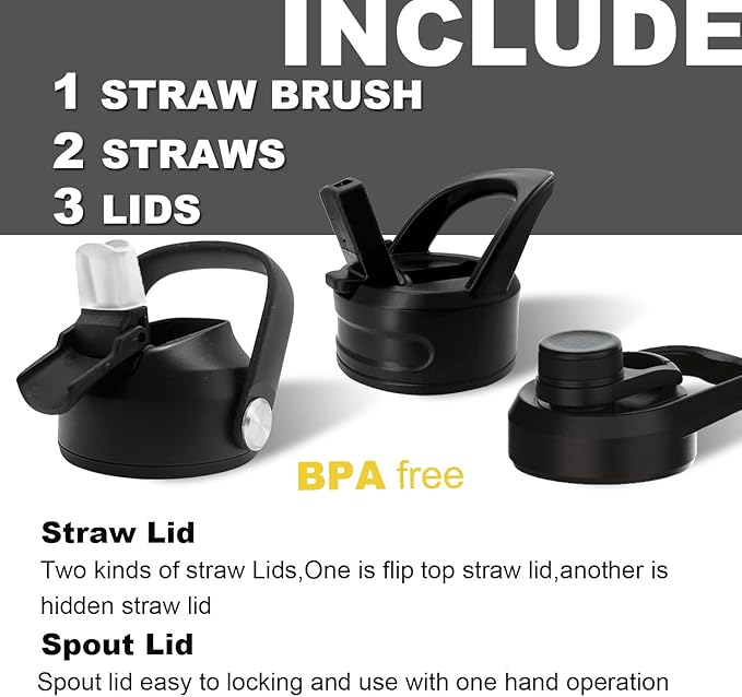 Black 32 oz insulated water bottle with straw stainless steel water bottle,double wall,leak proof water bottles with 3 lids,travel,gym mens water bottle (Black, 32oz)