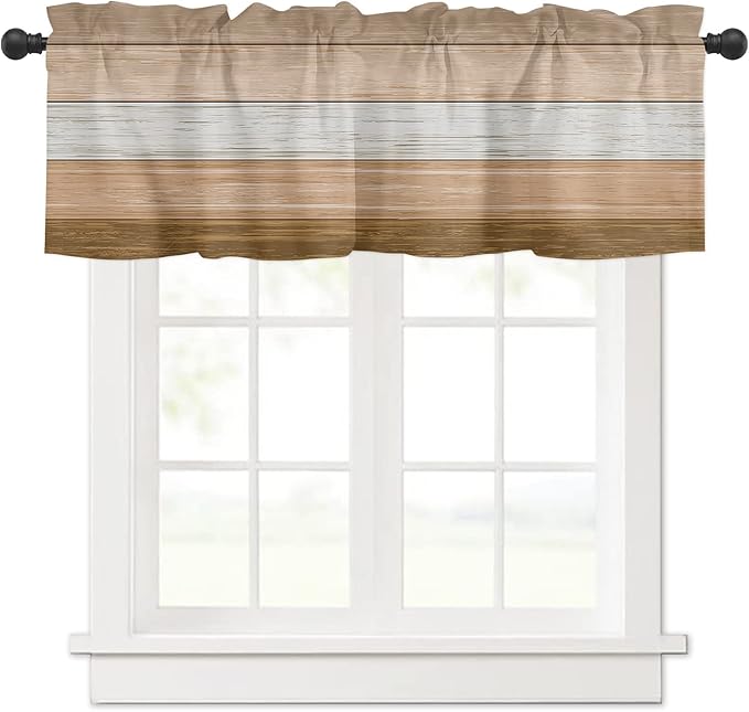 Farmhouse Kitchen Curtains Summer Fall Valances for Windows ,Brown Beach Fall Rod Pocket Country Window Treatment for Kitchen/Living Room/Bedroom/ Bathroom,42" X 18" -1 Panel, Rustic Barn Wood Texture