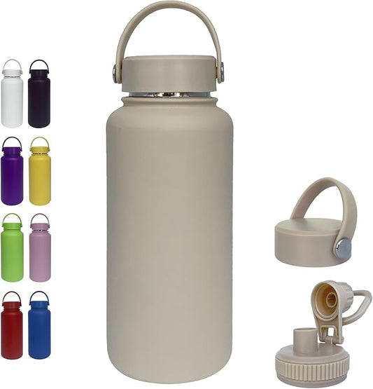 32oz Insulated Water Bottle ，Stainless Steel Sports Water Cup Flask with 2 Lids, Wide Mouth Travel Thermal Mug,Outdoor Sports Bottle（Cream apricot）