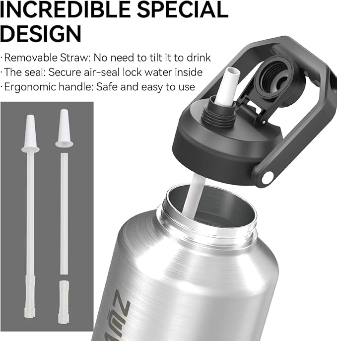 Half Gallon Water Bottle Insulated, 64oz Stainless Steel Half Gallon Water Jug with Straw, Spout,Handle and Carry Sleeve, Wide Mouth,Leak Proof, Keeps Drinks Hot and Cold, Metal Canteen Flask