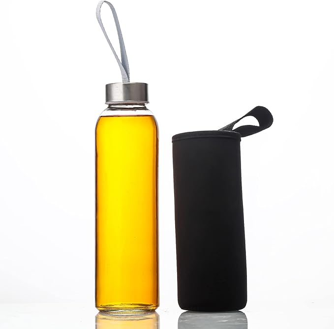 SureSave Glass Water Bottles with Stainless Steel Lids and Sleeves | 18 Oz Reusable Glass Bottles with Carrying Loop for Eco-Friendly Travel Drinks and Beverages (6 Pack)