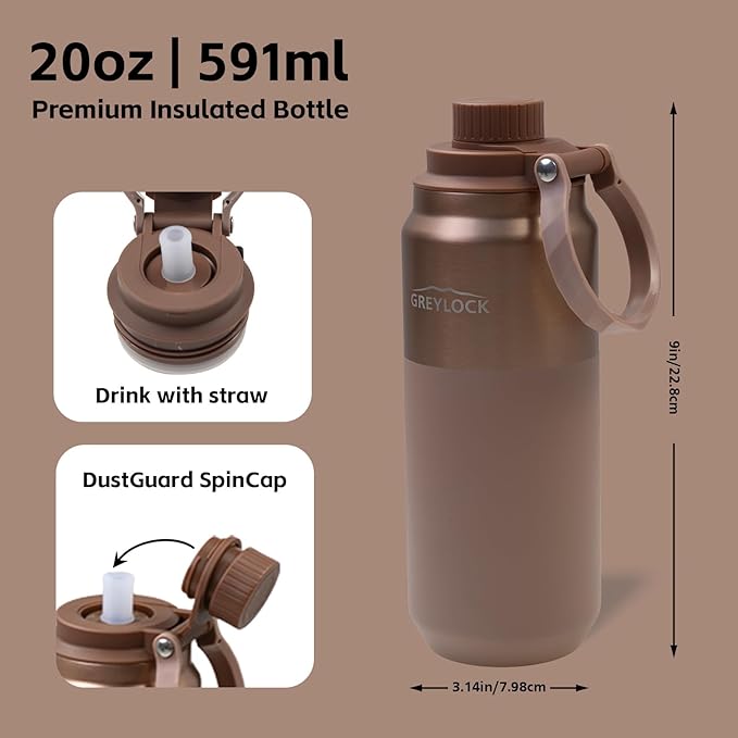 Greylock 20 oz Insulated Stainless Steel Water Bottle with Straw Lid- BPA-Free Leak Proof When Closed, Reusable Metal Water Bottle with Carry Handle for Travel Camping, 24 Hours Cold (Sunsetbronze)