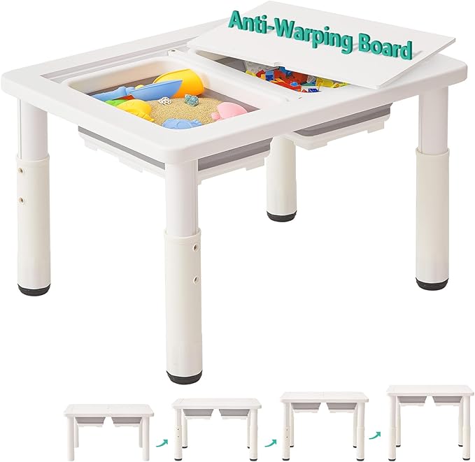 FUNLIO Wooden Sensory Table with 2 Bins for Toddlers 1-5, 4-Level Height Adjustable Kids Sensory Table with Anti-Warping Plywood Lid, Indoor/Outdoor Play Sand and Water Table, CPC Certified, White
