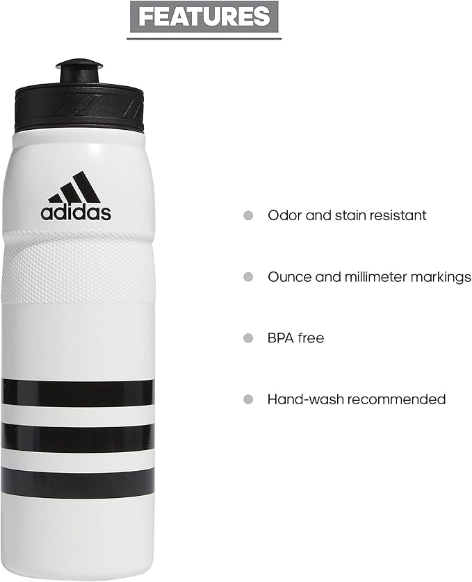 adidas 750 ML (28 oz) Stadium Refillable Plastic Sport Water Bottle, White/Black, One Size