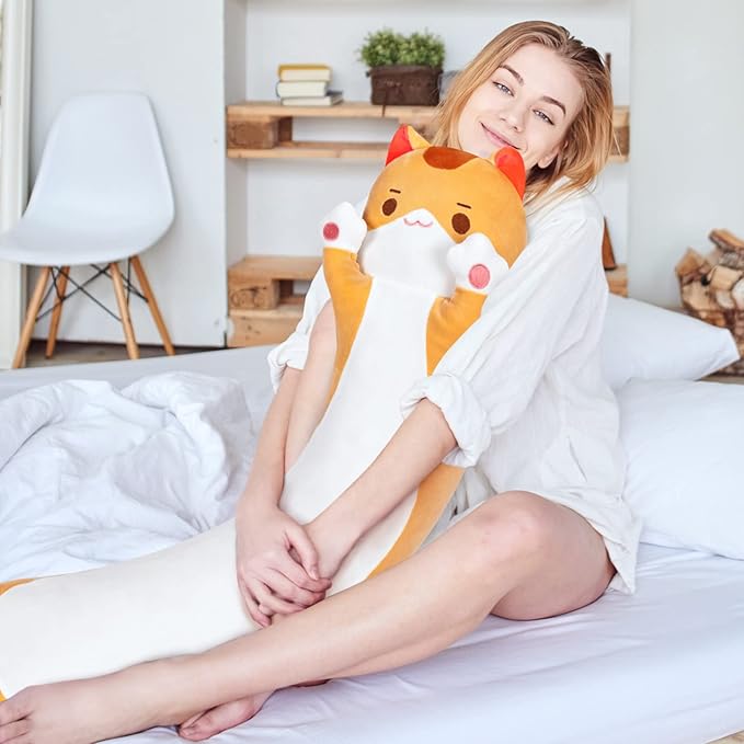 Long Cat Plush Kawaii Body Pillow, 20” Cute Brown Cat Stuffed Animals Soft Plushies, Orange Kitten Plush Throw Pillow Doll Toy Gift for Girlfriend