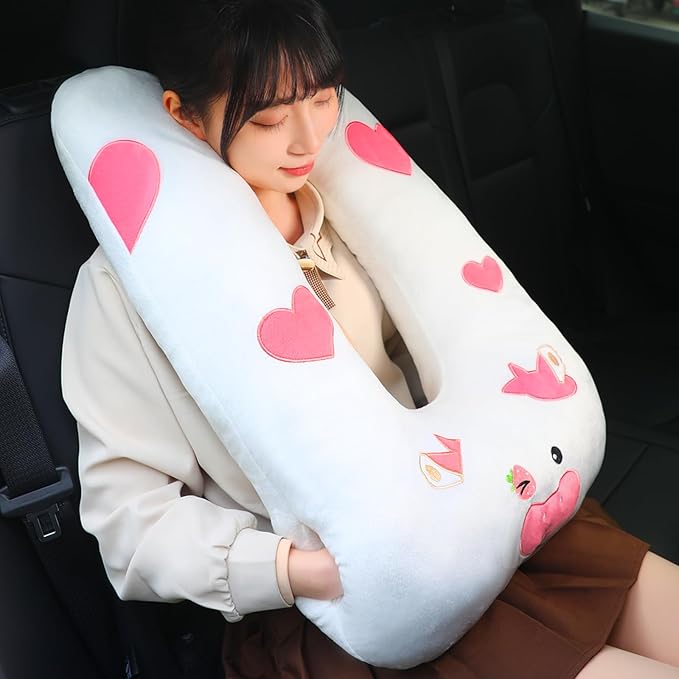 Kids Travel Pillow for Car Seat with Hand Muff, Strawberry Cartoon Neck & Headrest Seat Belt Pillow for Car Road Trips Long-Distance Travel Sleeping Pillow for Adults and Children, Cow