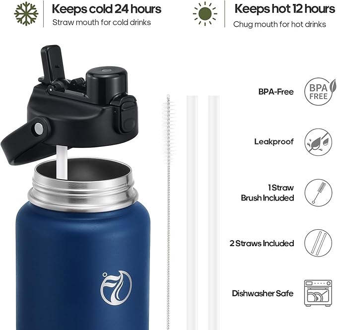 Half Gallon Insulated Water Bottle with 2-in-1 Lid (Chug Lid/Straw Lid), 40/64oz Double Walled Vacuum Stainless Steel Water Bottles, Water Jug with Straw