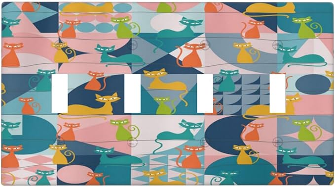 Mid Century Modern Atomic Cute Cats Quad Toggle Light Switch Covers 4 Gang Wall Plate Decorative Switchplate Electrical Faceplate for Kidroom Nursery Bedroom Decor