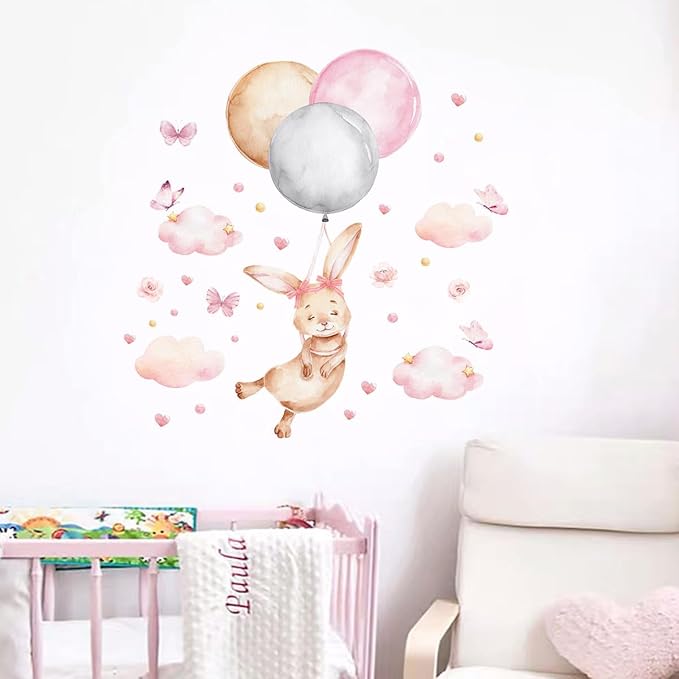 Bunny Air Balloon Animals Wall Decals Pink Heart Cloud Nursery Wall Stickers Baby Girls Room Wall Decor