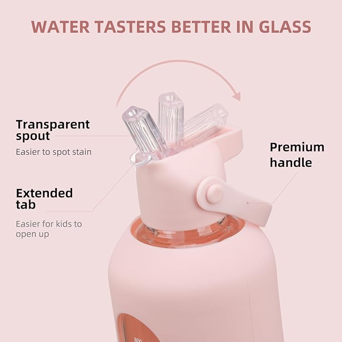 20 oz Glass Water Bottles with Straw Borosilicate Glass Water Bottle with Time Marker Motivational Water Bottles with Silicone Sleeve Leak Proof Reusable BPA Free