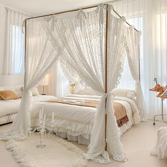 Elegant Princess 4 Corner Post Mosquito Net Romantic for Girls Women Bed Curtain Canopy for Adult Wedding Bedroom Kids Rooms Decoration (Type2-White-Flower, King)