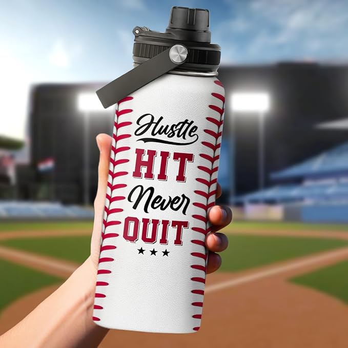 SANDJEST Baseball Water Bottle 32oz Hustle Hit Never Quit Stainless Steel Insulated Bottles for Men Women Sports Lovers Baseball Fan Players Coach Baseball Gifts for Birthday Christmas