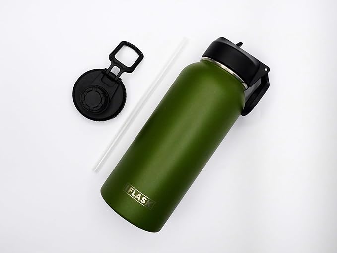 Sport Travel Outdoor Water Bottle with Spout and Straw Lids | Leak Proof | Insulated Stainless Steel Double Walled | BPA and Sweat free | Hot & Cold | For Kids Men & Women (Green, 32 oz)