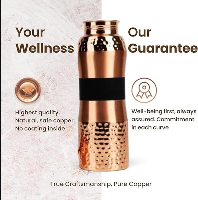 Natureverr Hammered Copper Water Bottle 1000ml, Water Bottle with Stylish Look and Advanced Leak Proof Cap, BPA Free Reusable Bottle for Home, Office, Hotel and Gifting