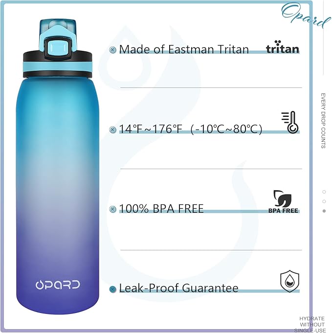 Opard 30oz Sports Water Bottle with Leak Proof Flip Top Lid BPA Free Tritan Reusable Plastic for Gym and Outdoor