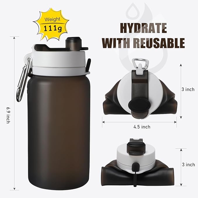 Opard Collapsible Water Bottles 19 Oz - BPA Free, Leak Proof, Foldable Silicone Collapse Bottle, Easy to Compact and Expandable, Travel Essentials Accessories