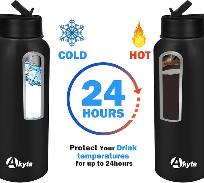 32 Oz Water Bottle, Sports Water Bottle with Straw Lid, Vacuum-Insulated Stainless-Steel, Double-walled Thermos Water Bottle (Black, 32 OZ)
