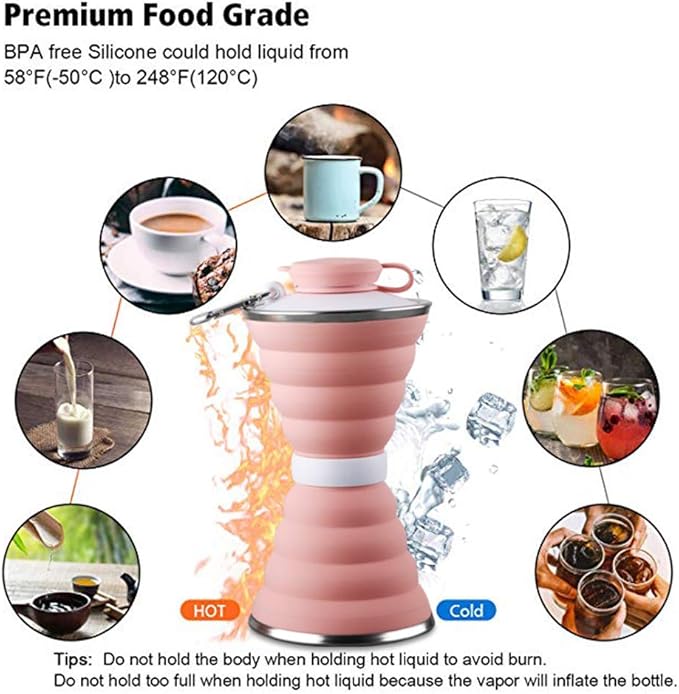 Collapsible Water Bottle, Camping Cup With Carabiner, Reuseable Silicone Foldable Leak Proof Portable Sports Travel Water Bottles For Outdoor, Travel Gym Hiking, BPA Free, Cycling Cups with Carabiner