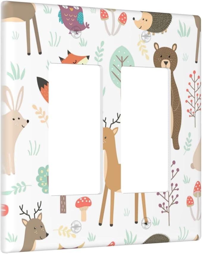 Cartoon Animal Deer Bear Fox Light Switch Cover Decorative Double Rocker Plastic Wall Plate Outlet Cover for Women Girls Bedroom Kitchen Living Room Decor 4.5 * 4.5