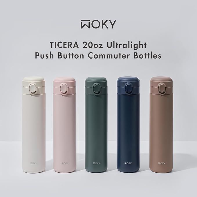 WOKY TICERA 20oz Titanium Ceramic Ultralight Push Button Commuter Bottles - Stainless Steel Vacuum Insulated Tumbler - Everyday Use (Blue)