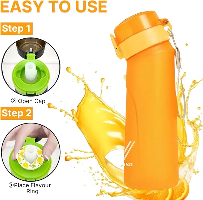 Water Bottle 650 ml scent water bottle with 5 flavor pods,Leak proof and BPA-free sports air water bottle with straw,suitable for outdoor sports 0 sugar 0 calorie Ideal gift orange