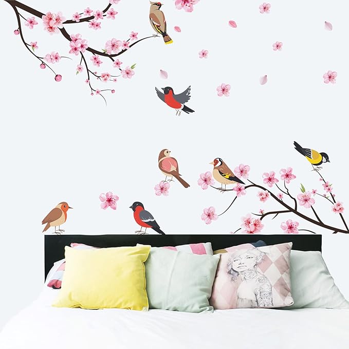 Pink Cherry Blossom Wall Decals, Flying Bird Wall Stickers, Flower and Tree Branch Wall Decor, Removable Vinyl Wall Decor Mural Art for Baby Nursery Bedroom & Living Room Sofa TV Backdrop Decoration