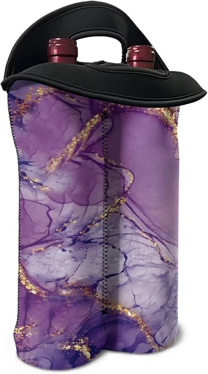 doginthehole Purple Marble Wine Bottle Bags for 2 Wine Bottles, Water Bottle Holder Neoprene Wine Carrier Tote Bag with Handle for Wedding, Birthday, and Dinner Party Festival Favors