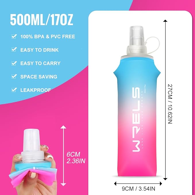 Collapsible TPU Soft Flask，Reusable Handheld Soft Water Bottle for Hydration Pack,BPA Free Gradient Folding Water Flask for Running Cycling Climbing (Light Blue&Pink-500ml*2)