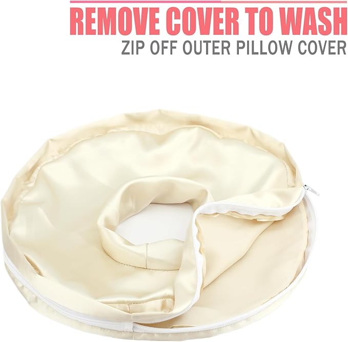 Satin Ear Piercing Pillow Removable Cover Luxury Cnh Pillow with Ear Holes for Ear Pain Side Sleepers Washable Large Donut Pillows Head Neck Support Champagne