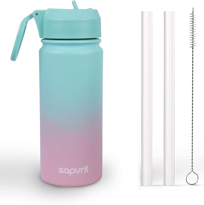 Kids Water Bottle, 16OZ Water Bottles Kids with Straw, Stainless Steel Vacuum Double Wall Insulated cup, Kids Water Bottle for School, Gifts for Boys (GREEN PINK, 16OZ)
