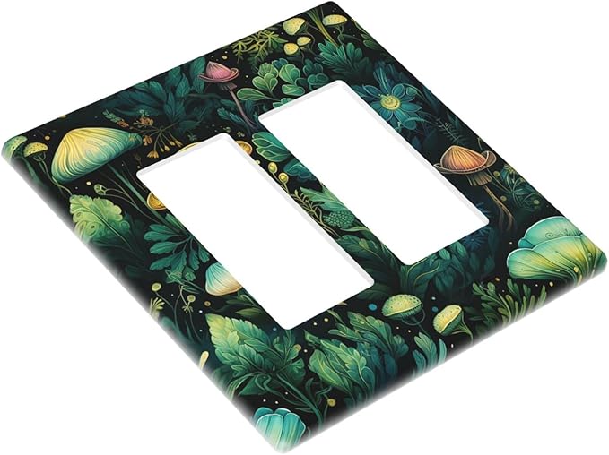 Green Dark Forest Mystical Mushroom 2 Gang Rocker Decora Light Switch Covers Dual Outlet Covers Wall Plate Decorative Switchplate Electrical Faceplate GFCI for Country Bathroom Bedroom Decor