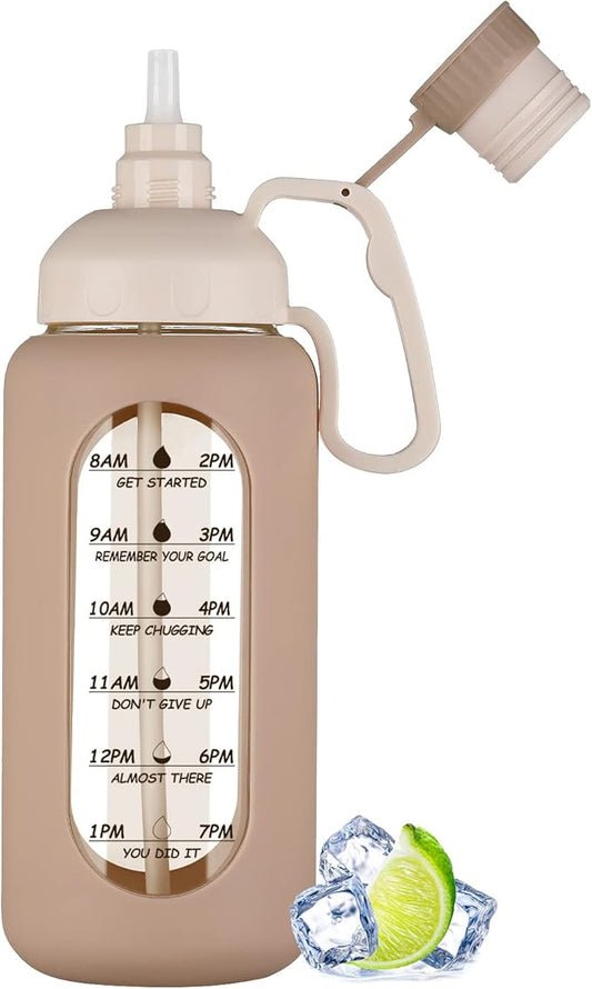 MUKOKO 64oz Glass Water Bottles with Straw, Half Gallon Water Bottle with Time Marker, Motivational Water Bottle with Silicone Sleeves,Large Glass Water Bottle for Gym,Working,Outdoor,Amber