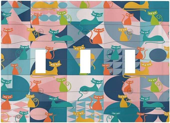 Mid Century Modern Atomic Cute Cats 3 Gang Light Switch Covers Triple Toggle Wall Plate Decorative Switchplate Electrical Faceplate for Kidroom Nursery Bedroom Decor