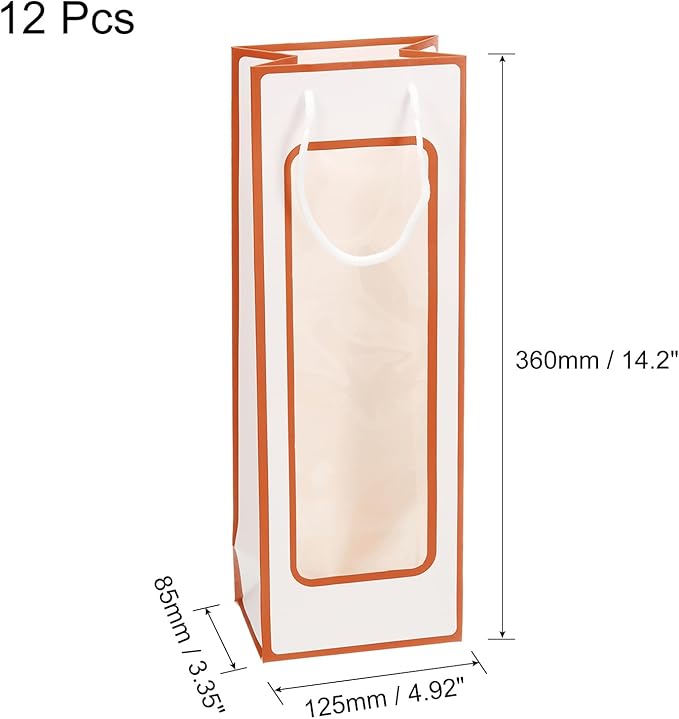 uxcell Wine Bags, 12pcs 4.92"x3.35"x14.2" Wine Gift Bags with Rope Handles, Paper Wine Tote Bag with Clear Window for Wedding Birthday Christmas Party Supplies, White Orange