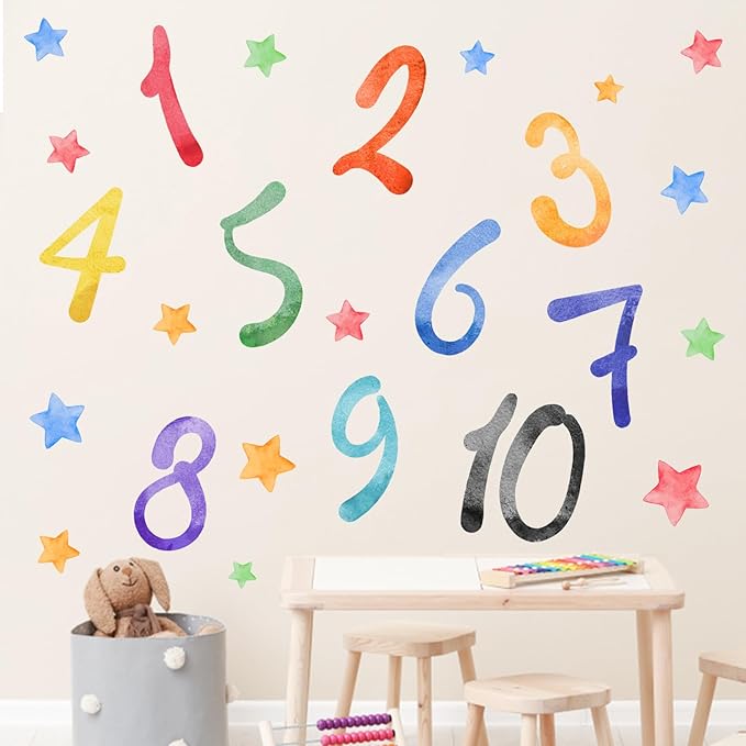 Mfault Watercolor Arabic Numbers 1-10 Learning Wall Decals Stickers, Educational Counting Stars Nursery Classroom Decorations Bedroom Playroom Art, Neutral Toddlers Kids Children Room Daycare Decor