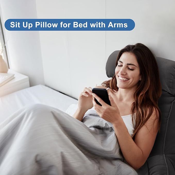 Reading Pillow for Bed Adult Size, Back Pillow for Sitting in Bed, Shredded Memory Foam Bed Chair Pillow with Arms, Pockets, Washable Cover (Blue, Large)