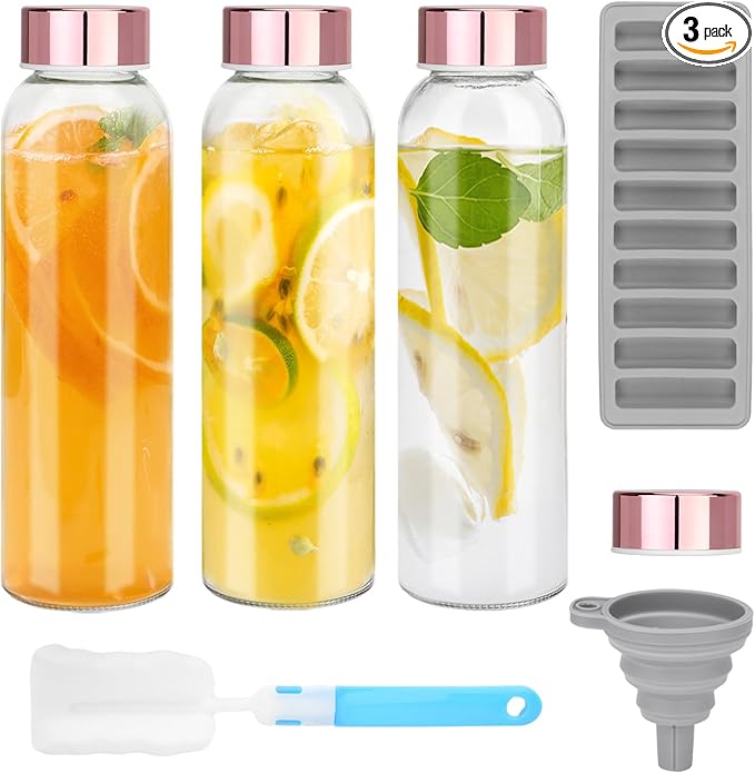 Glass Juice Bottles with Lids for Juicing 24 oz, Reusable Clear Glass Water Bottles with Stainless Steel Airtight Cap for Refrigerator, 100% Leak Proof, BPA Free, ECO Friendly, Set of 3, Pink