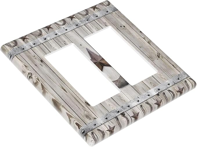 Rustic Western Wood Barn Door Horseshoe Iron Star 2 Gang Rocker Decora Light Switch Covers Dual Outlet Covers Wall Plate Decorative Switchplate Electrical Faceplate GFCI for Farmhouse Bedroom