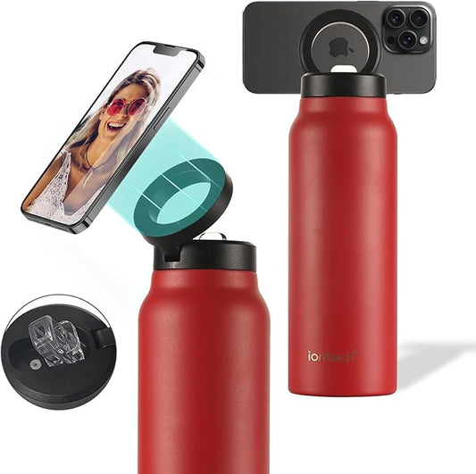 Insulated Water Bottle with Magnetic Phone Holder Compatible with MagSafe and iPhone, Stainless Steel Water Bottle Phone Mount For Sports Travel School, Hot 12H Cold 24H, 24oz (Red)